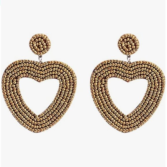 2.5" Dark Gold Handmade Large Heart Beaded Earrings Beads Handmade Hearts - Picture 1 of 4